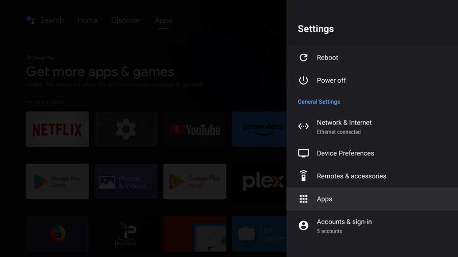 NVIDIA Shield Settings menu: Apps selected