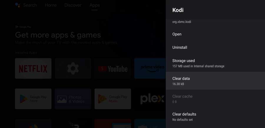 Settings menu after Kodi data has been cleared