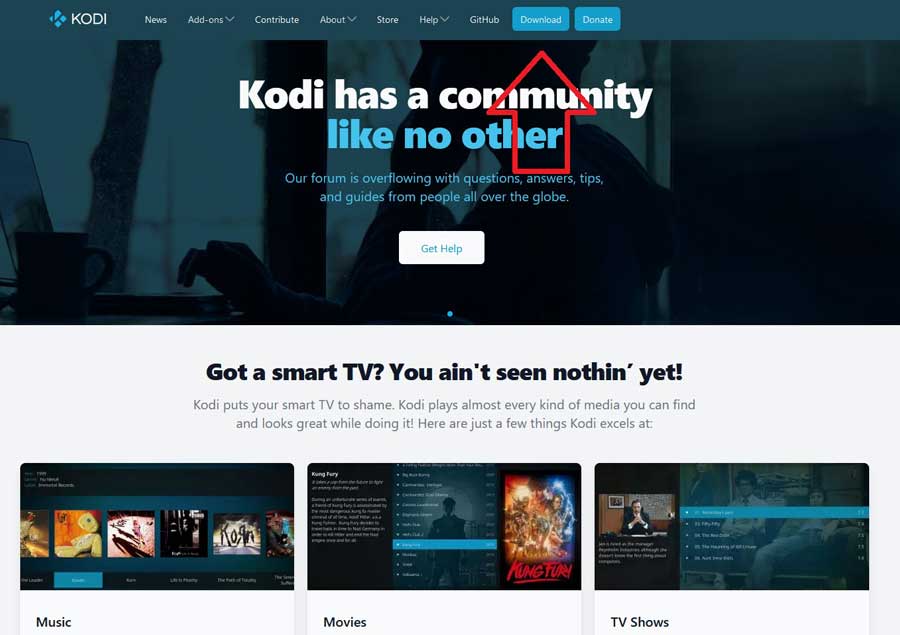 Kodi website: arrow pointing to 'Downloads'