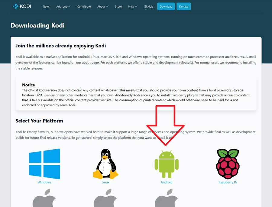 Kodi downloads section: Arrow pointing towards the Android icon