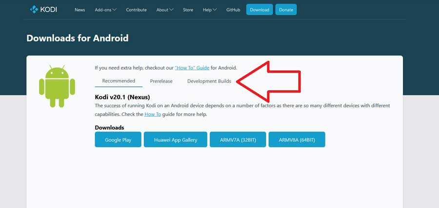 Kodi website downloads section: Arrow pointing towards the 'Development Builds' tab