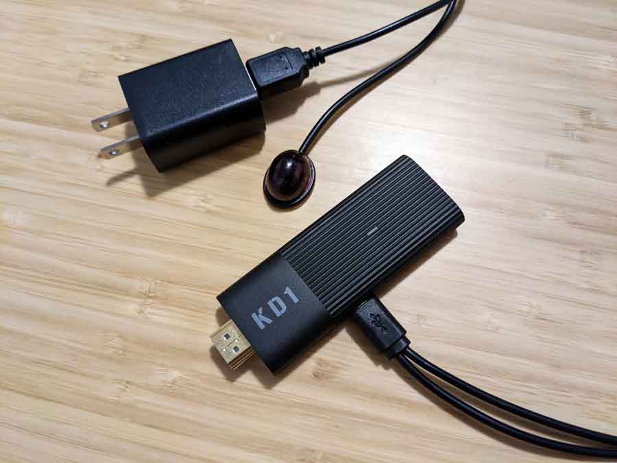 MeCool KD1 TV stick with combination power cable and IR receiver