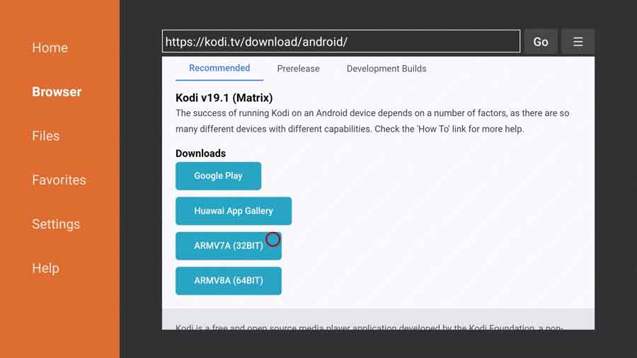 Download the ARMV7A 32-bit version of Kodi for FireStick and Fire TV