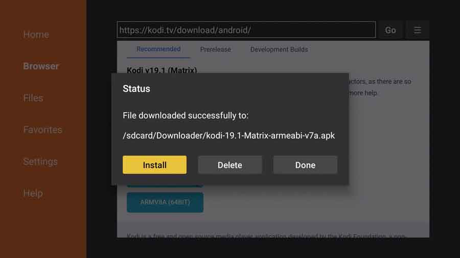 Kodi APK file successfully downloaded