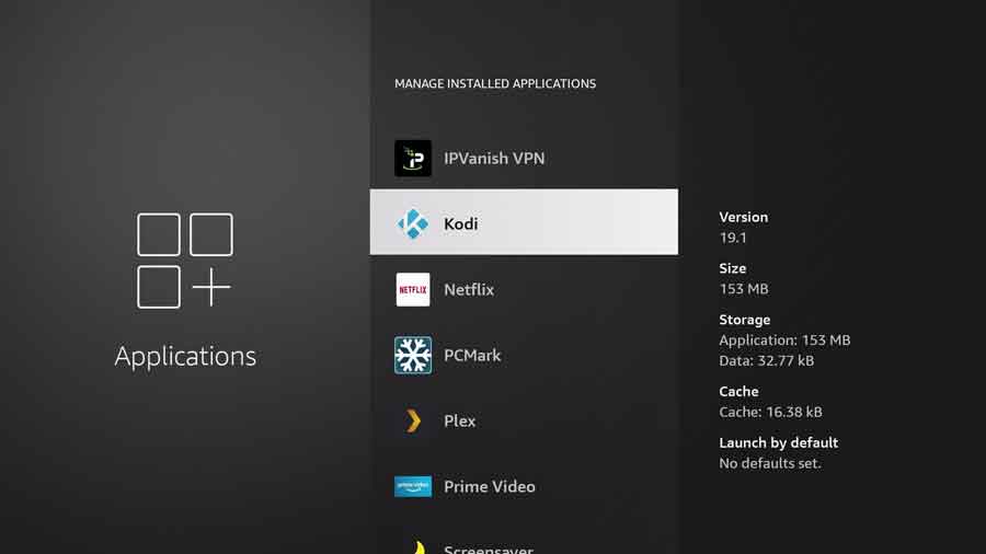 Kodi app summary screen on the Manage Installed Applications menu