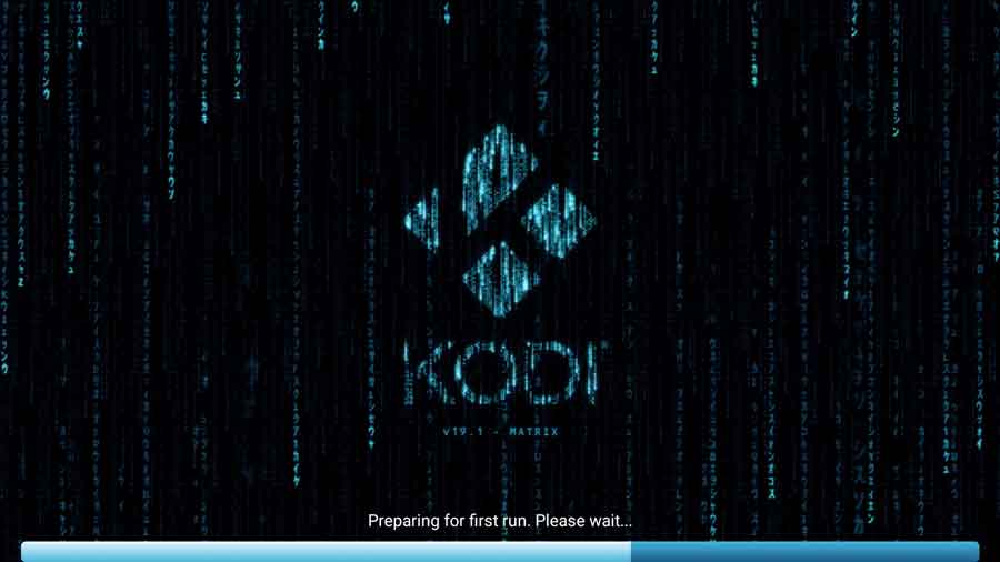 Kodi 'Preparing for First Run' splash screen