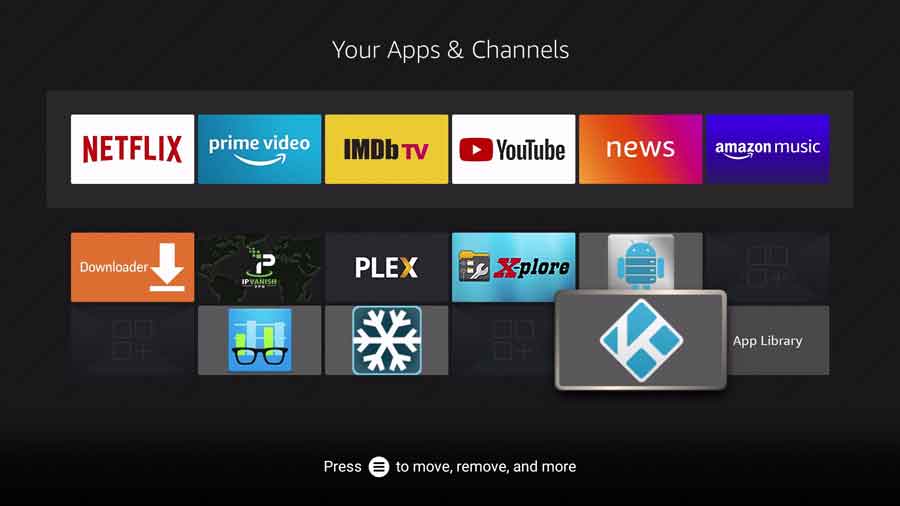 Kodi app icon on the Your Apps & Channels tab of the new FireStick UI
