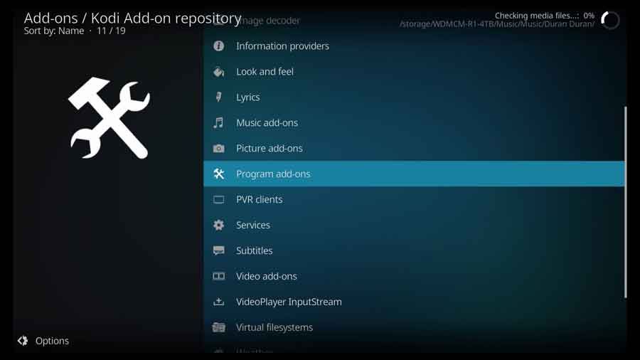 Program add-ons section of the official Kodi repository