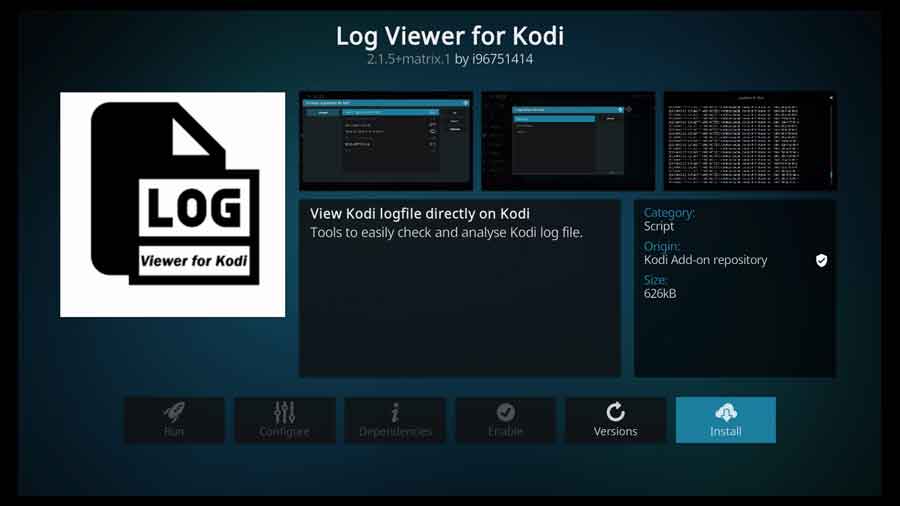 Detail screen for the Log Viewer for Kodi addon