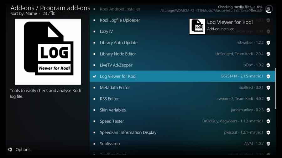 Post installation of the Log Viewer for Kodi addon