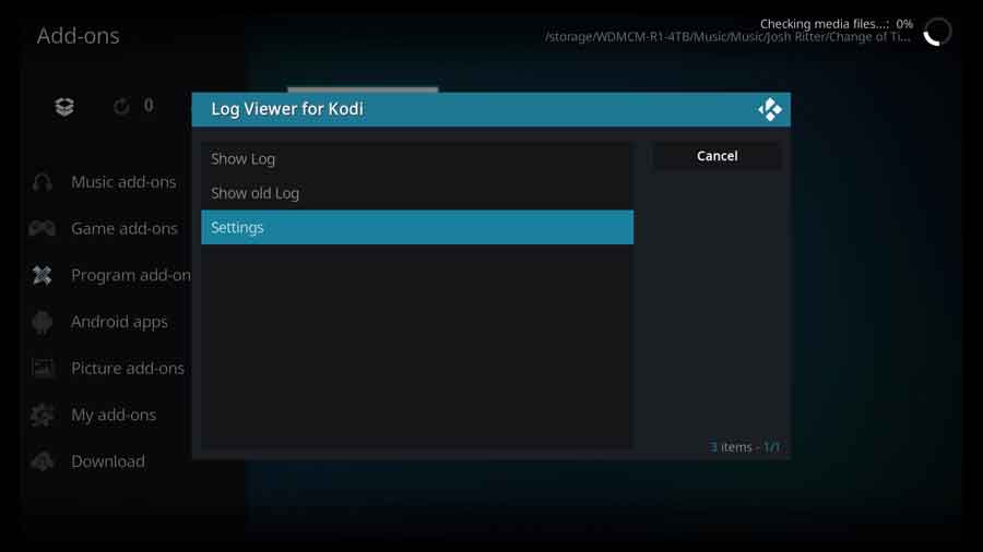 Log Viewer for Kodi - main menu