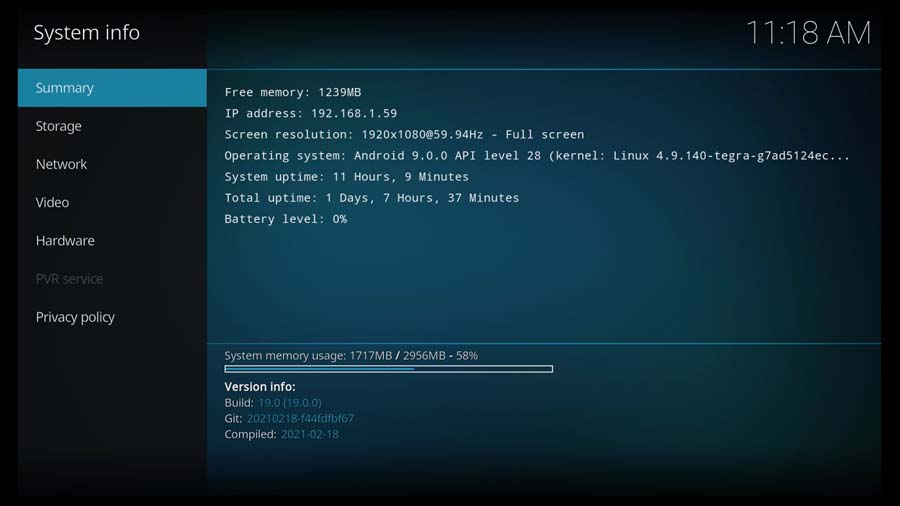 Kodi System Information screen