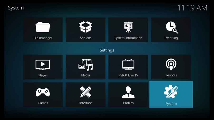 Kodi System menu, System icon