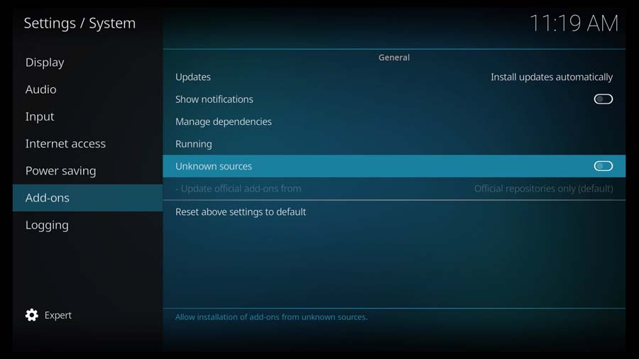 Kodi System \ Settings menu