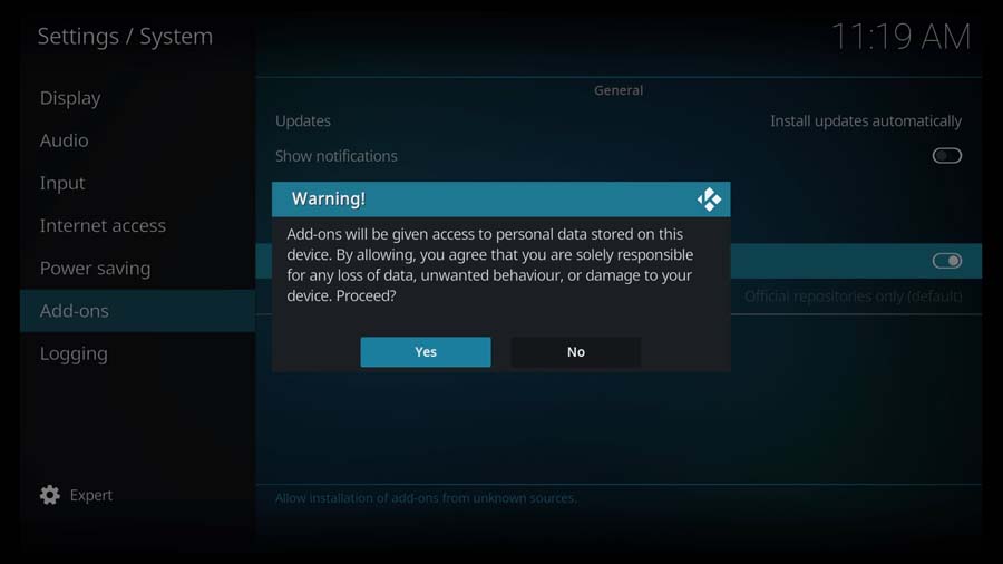 Kodi Unknown Sources warning box