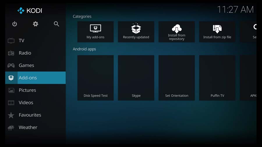 Kodi 19 Add-ons tab