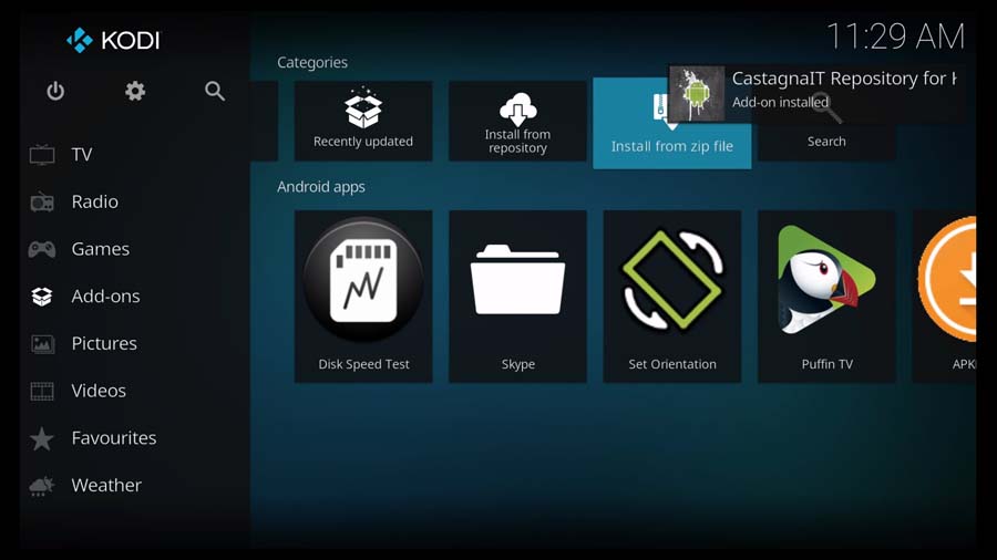 Pop up box: CastagnaIT Kodi addons repository has been installed