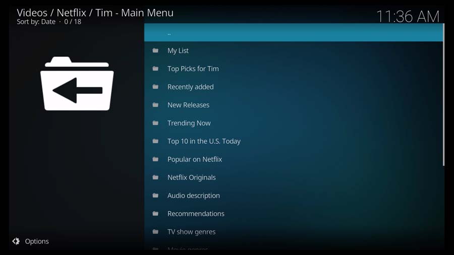 Netflix menu on the Kodi addon