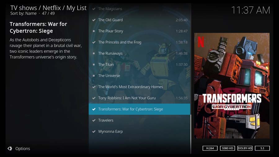 Transformers: War for Cybertron on the Kodi Netflix addon