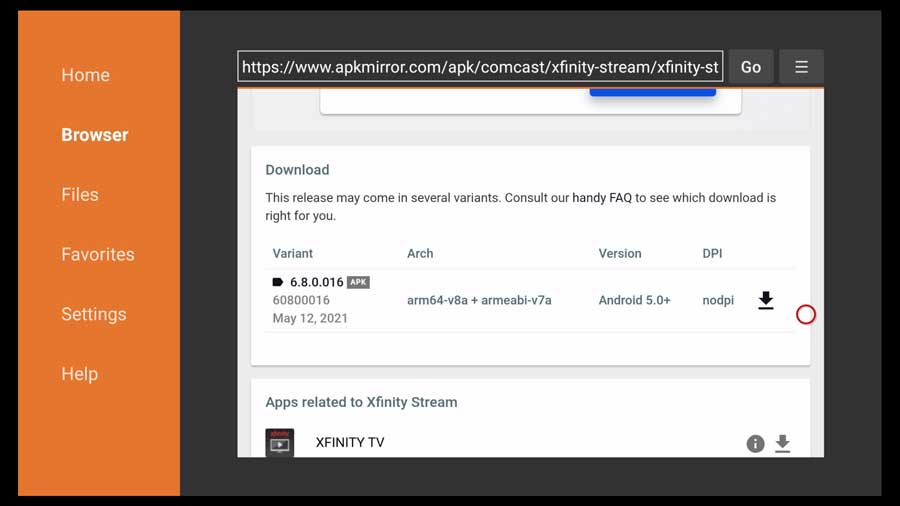 Download section for the Xfinity Stream APK file on APKMirror