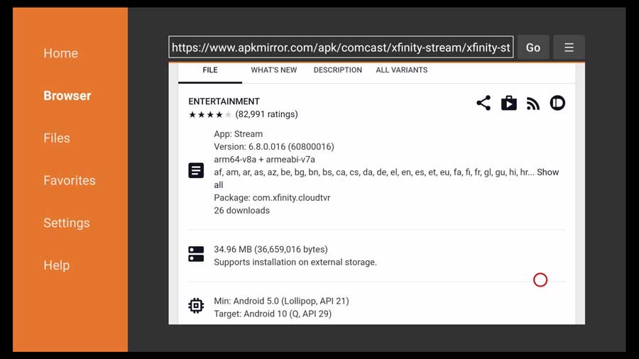 Xfinity Stream APK file detail section
