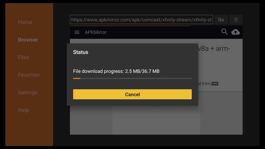 Downloading the Xfinity Stream APK file. 