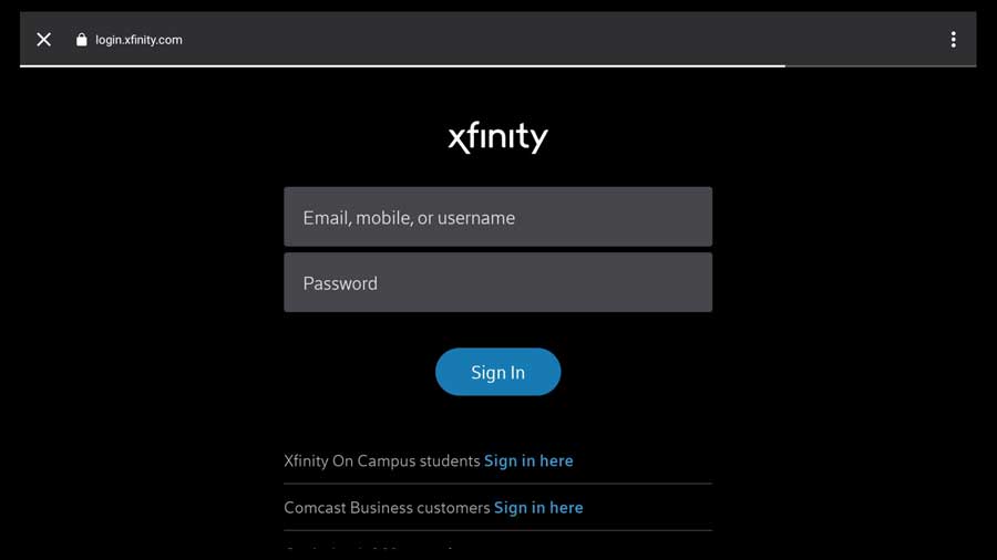 Xfinity Stream Android TV app login page