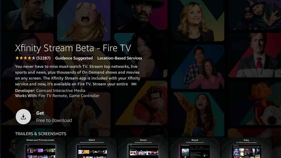 Xfinity Stream FireStick app detail screen