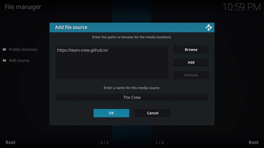 Completing adding a file source in Kodi 19