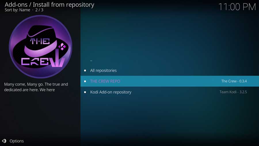 Selecting The Crew Repo on Kodi 19