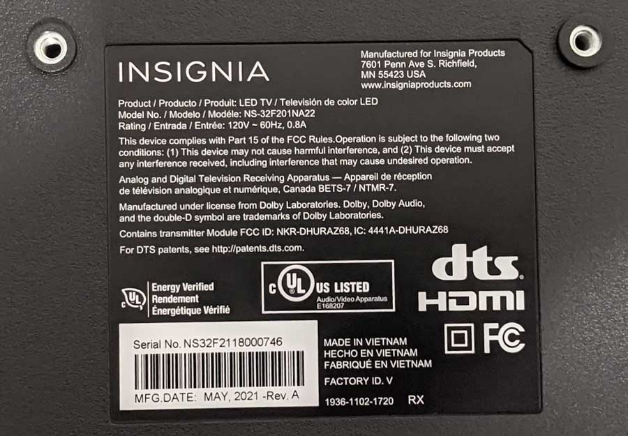 Sticker on the back of an Insignia TV