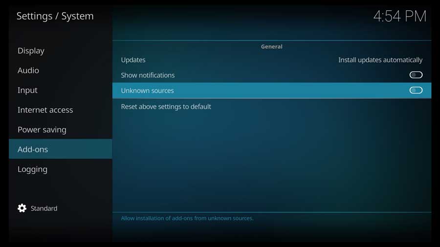 Kodi: enable installing addons from unknown sources
