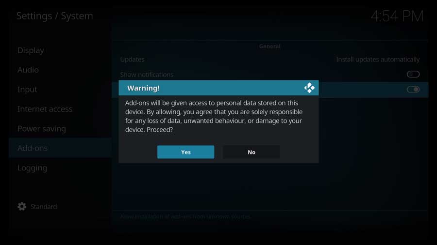 Kodi warning box for enabling addons from unknown sources