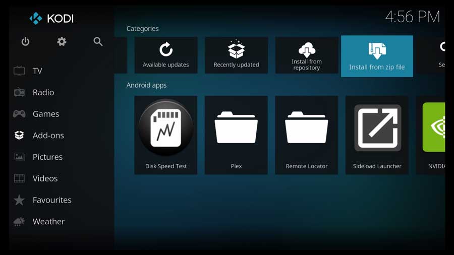 Kodi: install addon from zip file