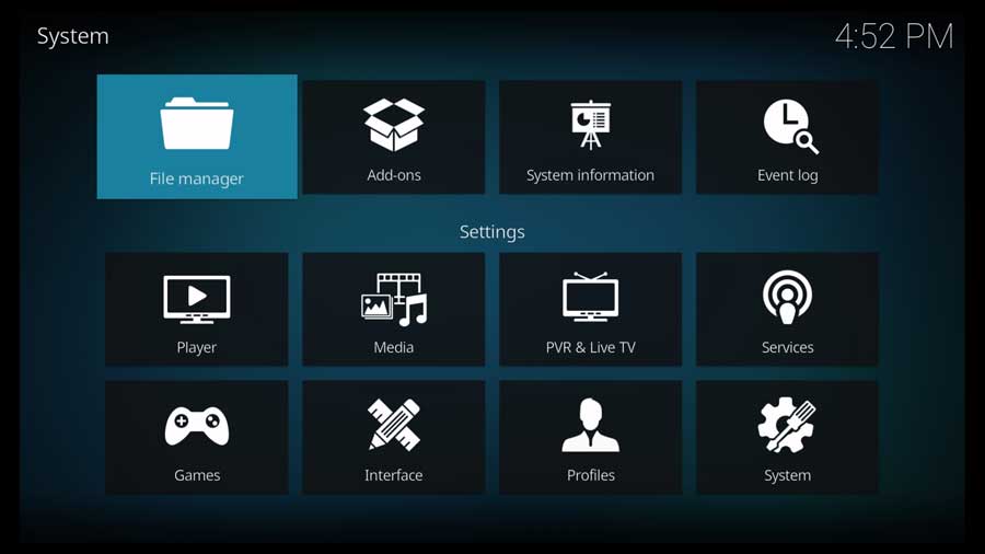 Kodi: System menu, File Manager icon