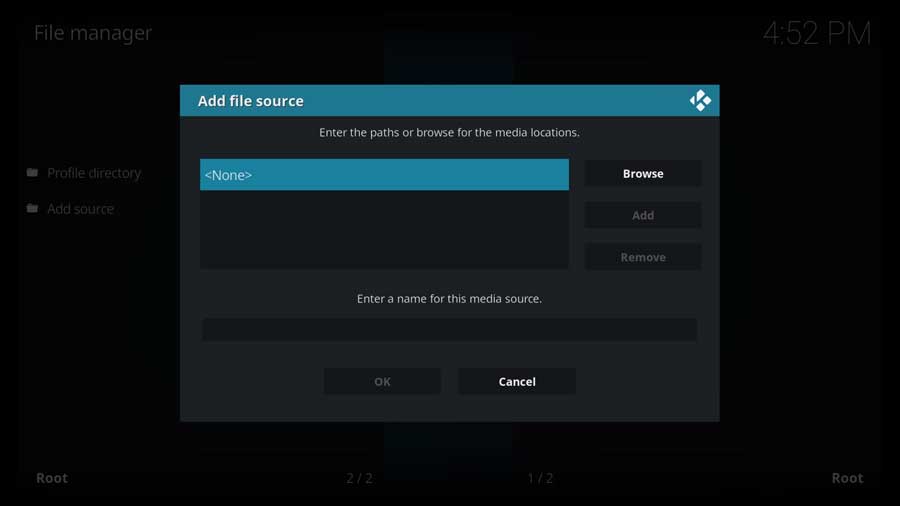 Kodi Add File Source popup box