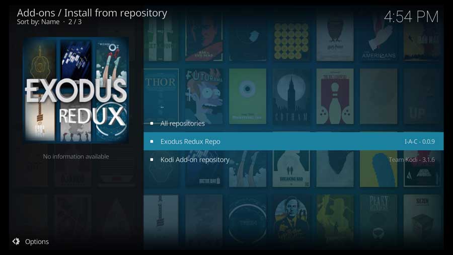 Kodi Install From Repository: Select Exodus Redux icon