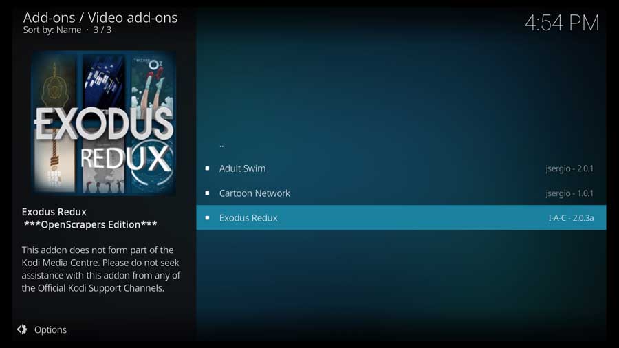 Kodi: Select Exodus Redux addon