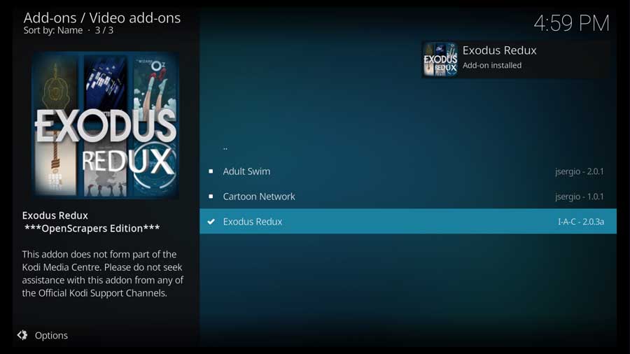 Exodus Redux addon installed in Kodi 18.9