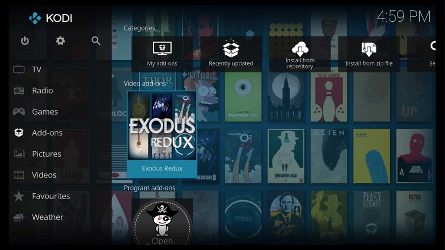 Select Exodus Redux addon from Kodi 18.9 to run