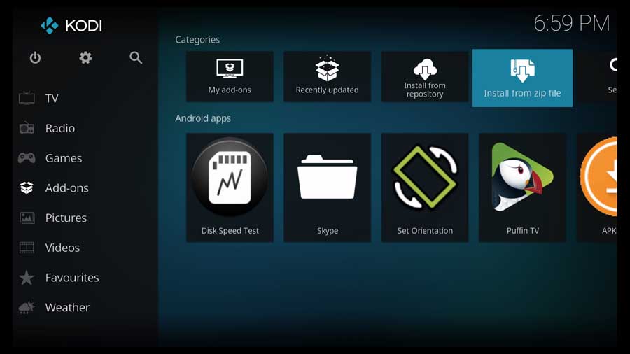 Kodi Addons menu: Install from zip file