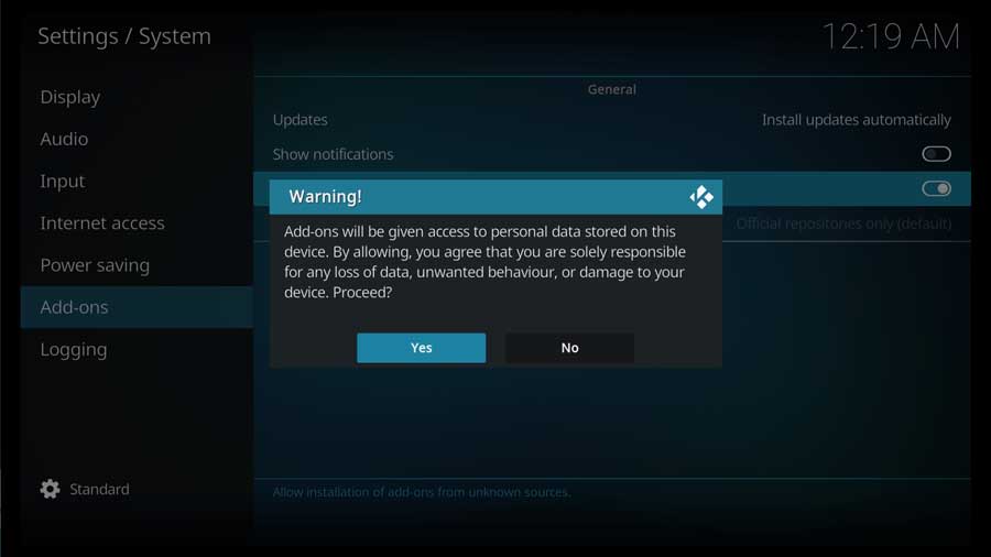 Kodi 19: Warning when enabling Addons from unknown sources