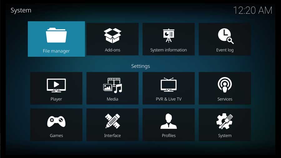 Kodi 19 Settings Screen: File Manager icon