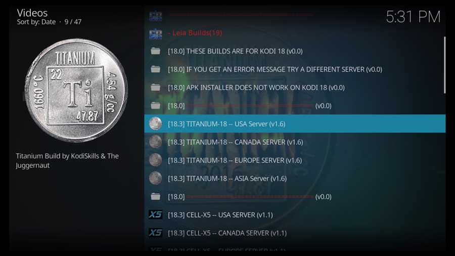 Choose Titanium 18 Build - USA Server for Kodi 18