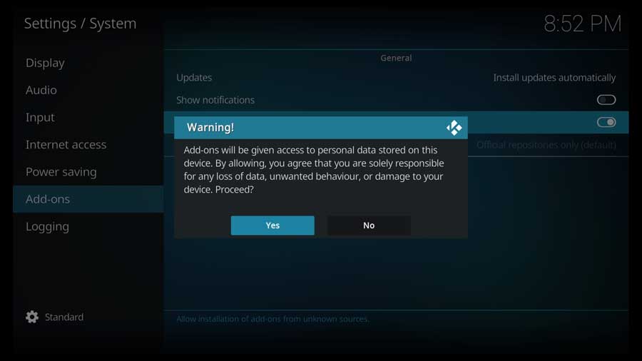 Kodi warning box about unknown addons