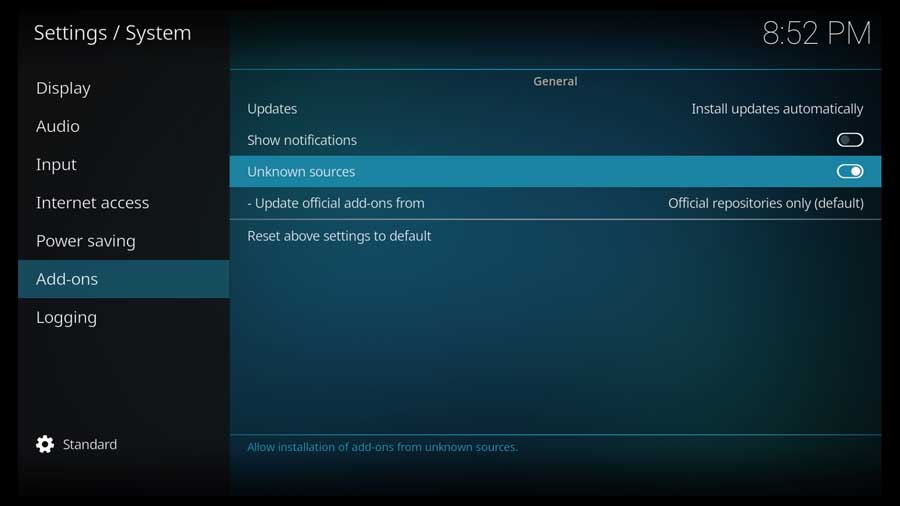 Kodi: Unknown Sources enabled