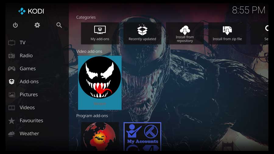 Launching the Venom Addon on Kodi 19