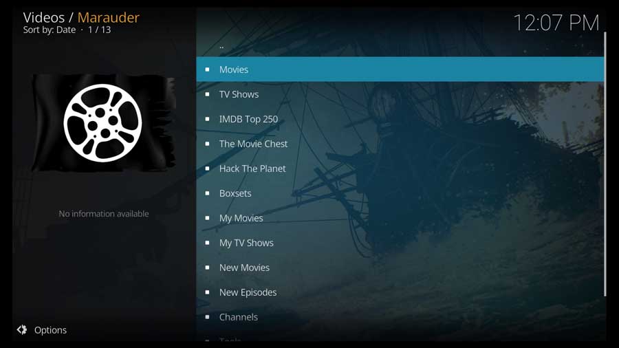 Marauder Kodi addon menu