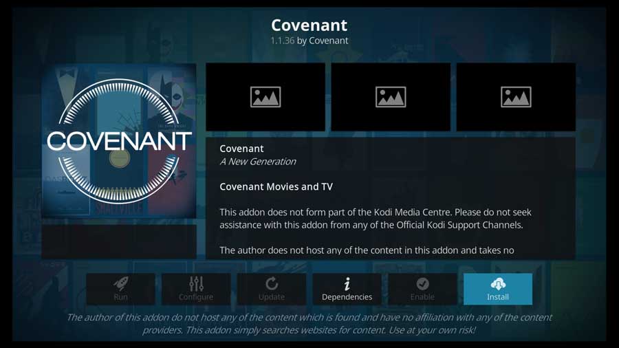 Covenant Kodi addon detail page