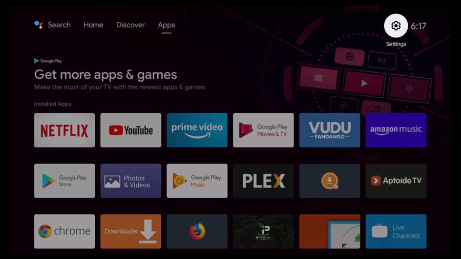 NVIDIA Shield TV home screen: select Settings menu
